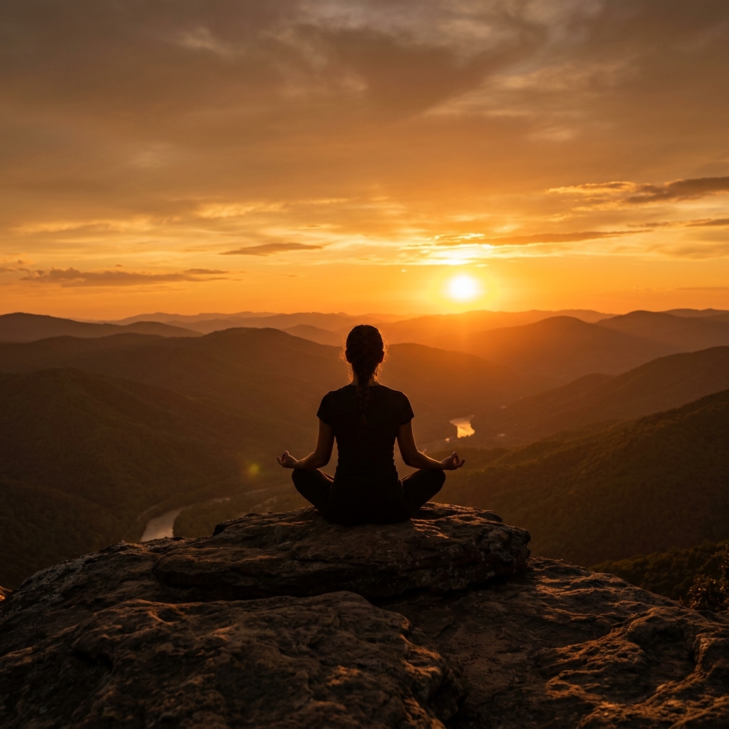 Person meditating at sunset